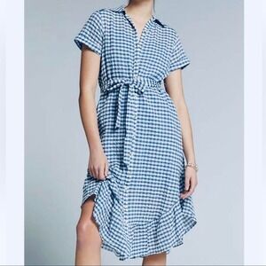 Anthropology Maeve Blue Gingham Button-Down Ruffle Dress